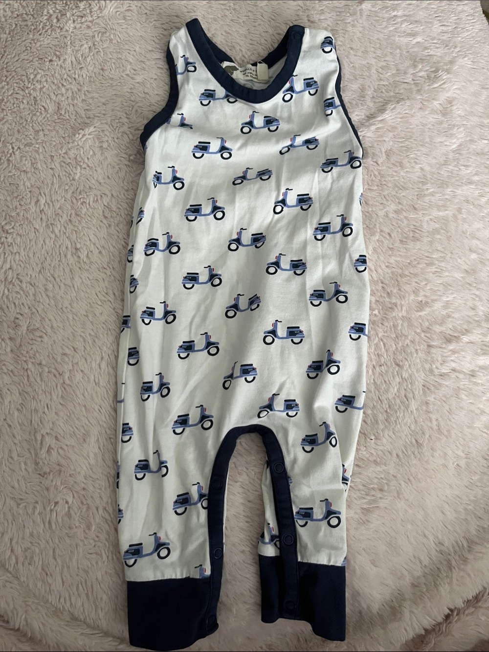 Monica + Andy White Scooter-Print Sleeveless Baby Romper with Navy Trim